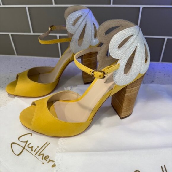 Guilhermina Yellow Suede Open-Toe Pumps with White Flower Ankle Detail in Size 4 - Picture 4 of 8